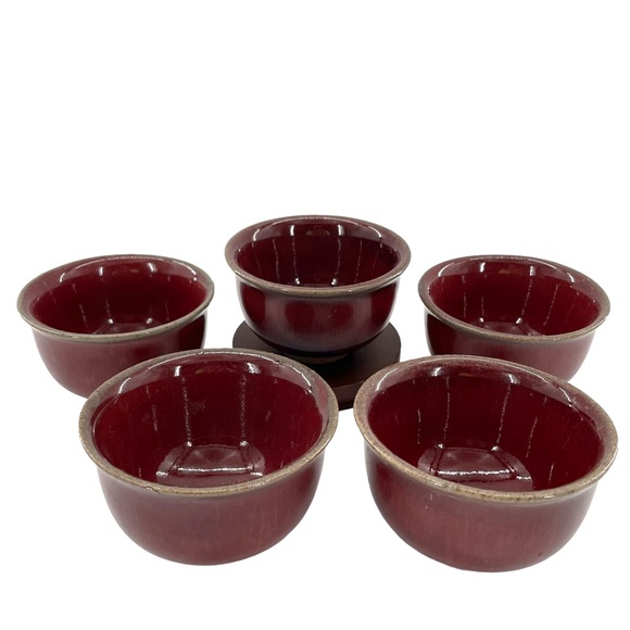 Set of 5 Glazed Deep Red Tea Cups w/Greenish Brown Trim & Organic Unglazed Base - Picture 3 of 7